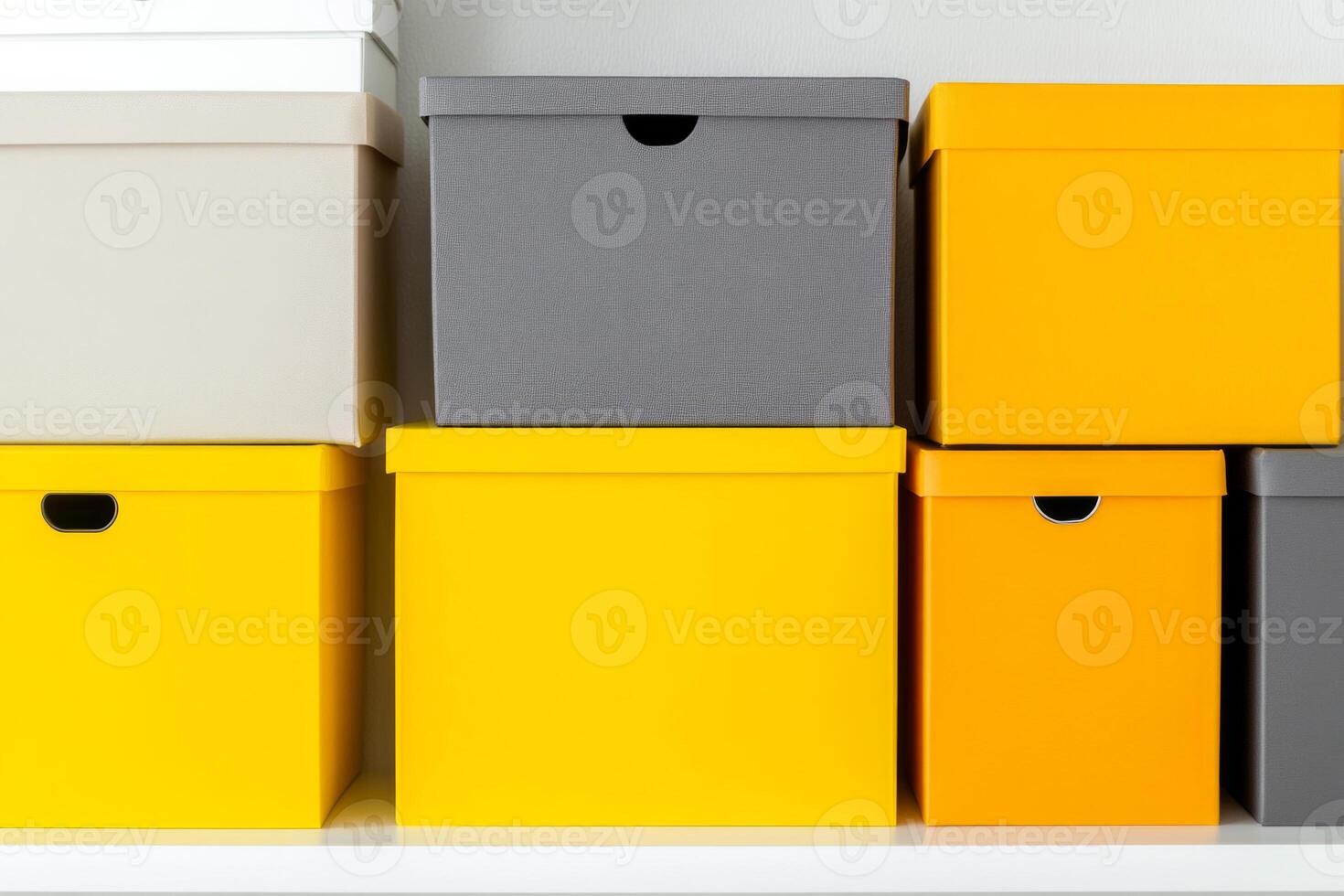 Storage boxes in mustard yellow and dark gray create a minimalist organization on a clean shelf background photo