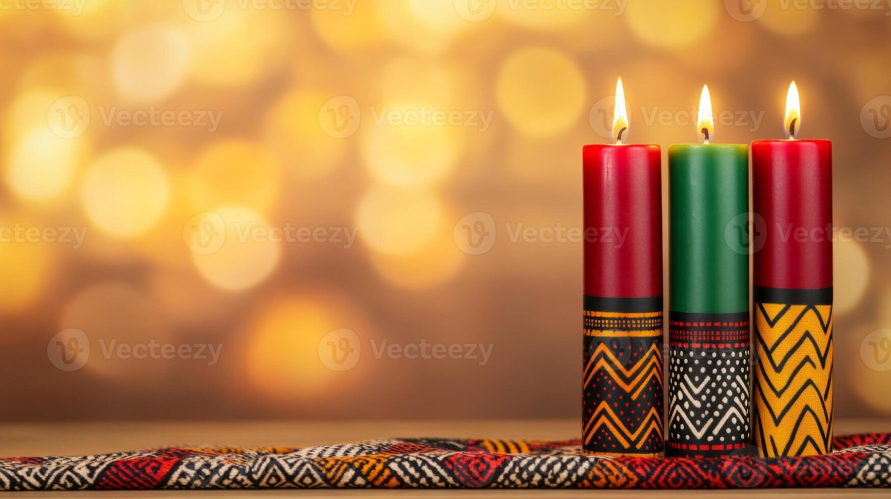 A warm and inviting living room features a beautifully arranged Kinara with vibrant red, black, and green candles photo