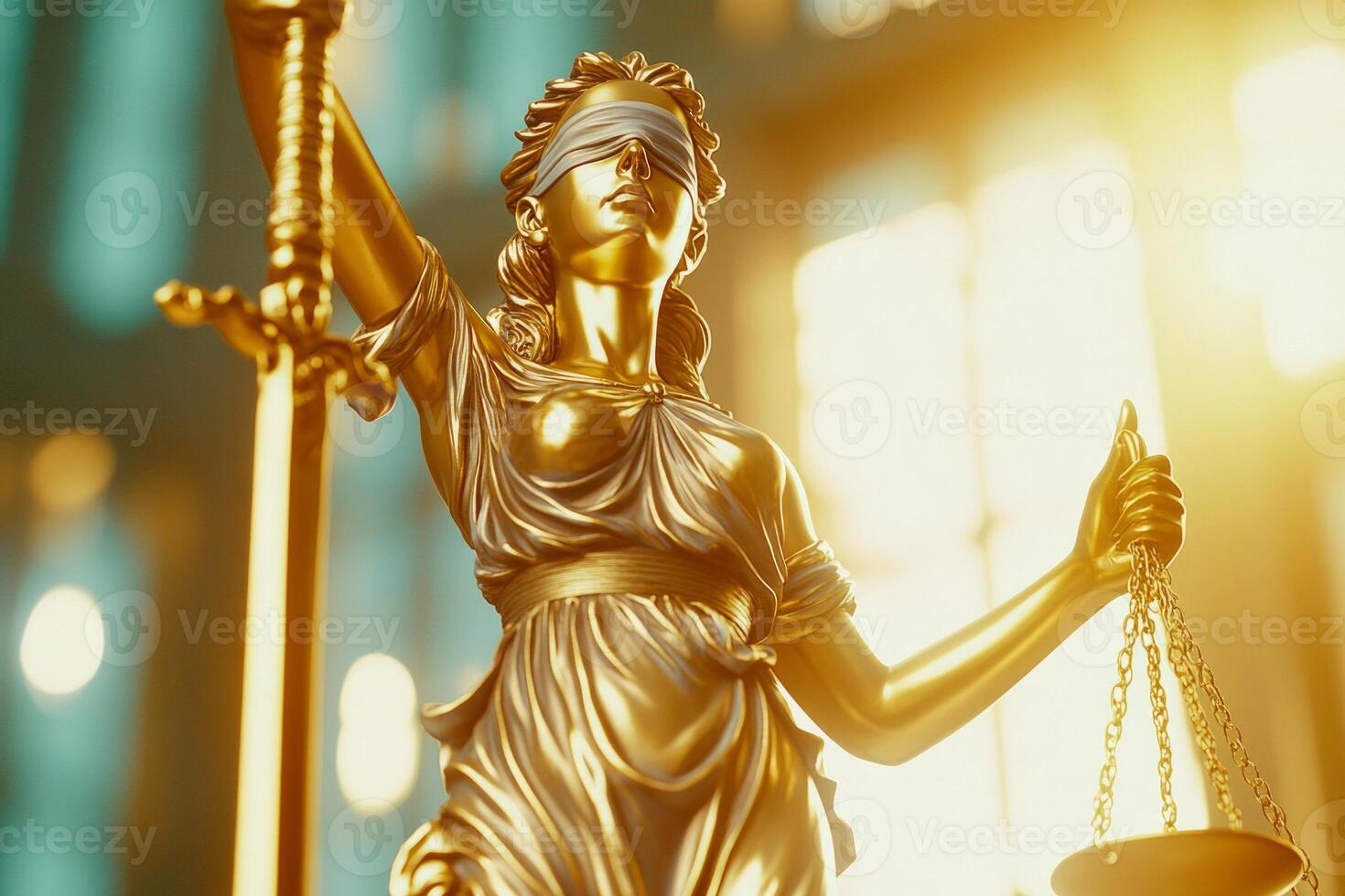 Bronze Lady Justice statue holding scales and a sword symbolizing fairness in a courtroom with focused lighting photo