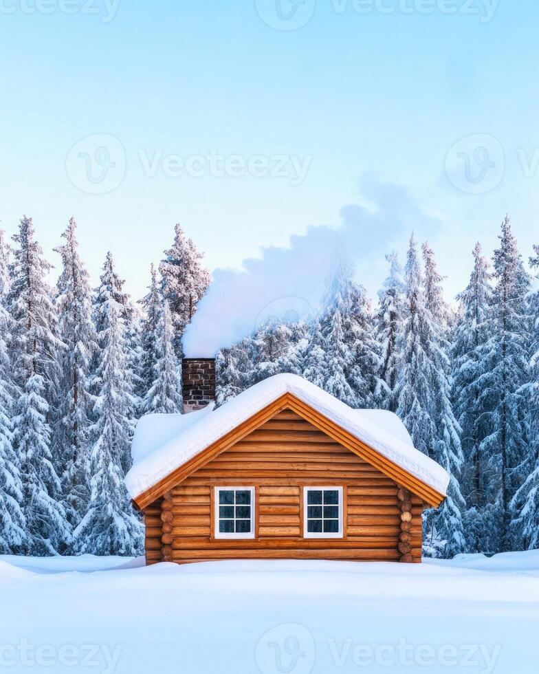 Snow-covered log cabin in a pine forest with smoke rising in the clear evening sky photo