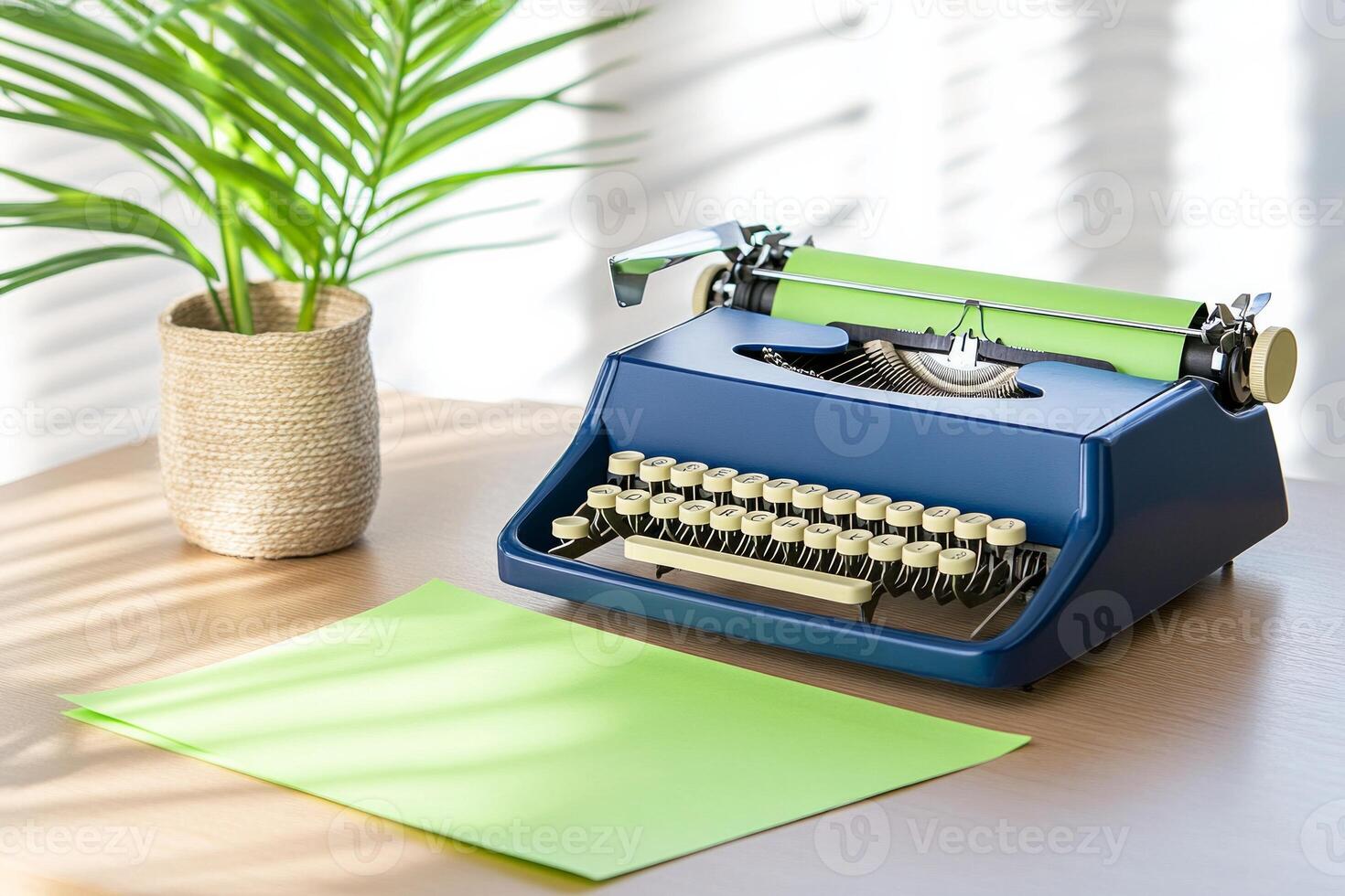 Vintage navy blue typewriter with bright green paper on a warm wooden desk and a potted plant photo