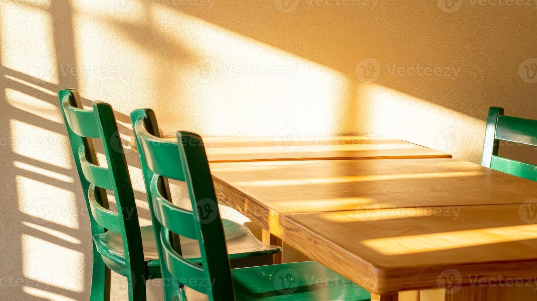 Relaxing cafe with green chairs and wooden tables illuminated by natural light photo