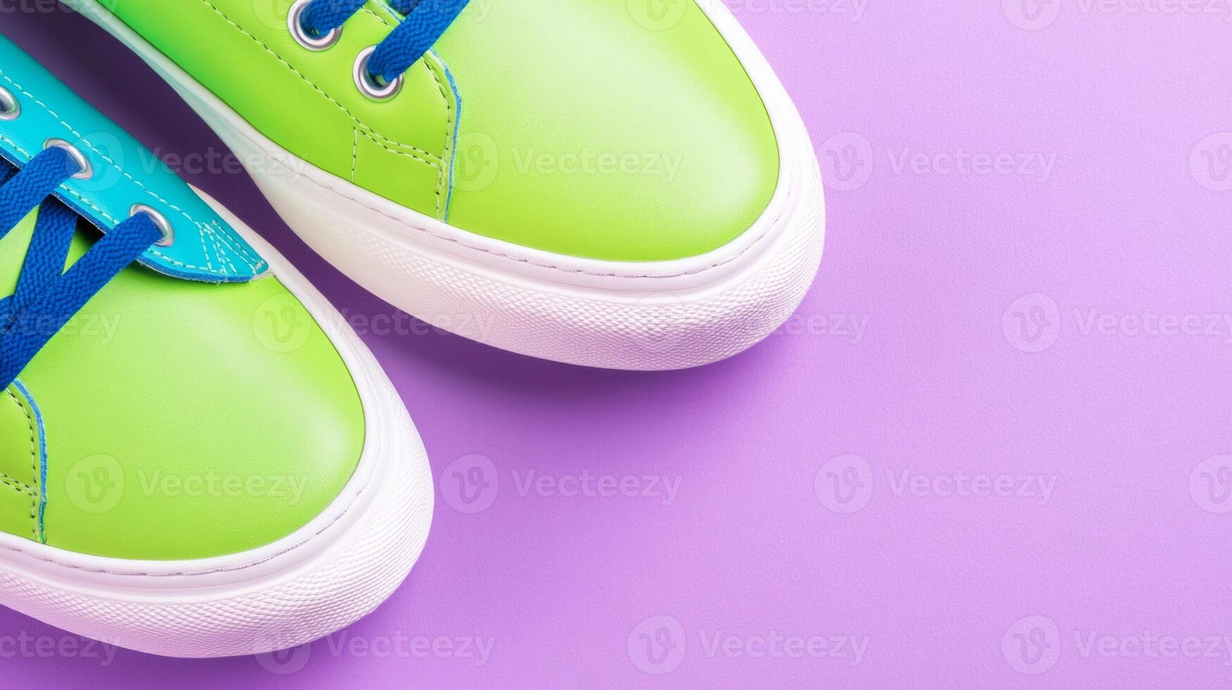 Fashionable sneakers with turquoise, green, and navy accents on a pastel purple background for modern styling photo