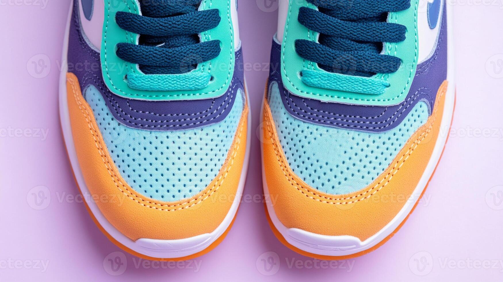 Stylish turquoise and navy sneakers featured on a pastel purple background for modern footwear enthusiasts photo