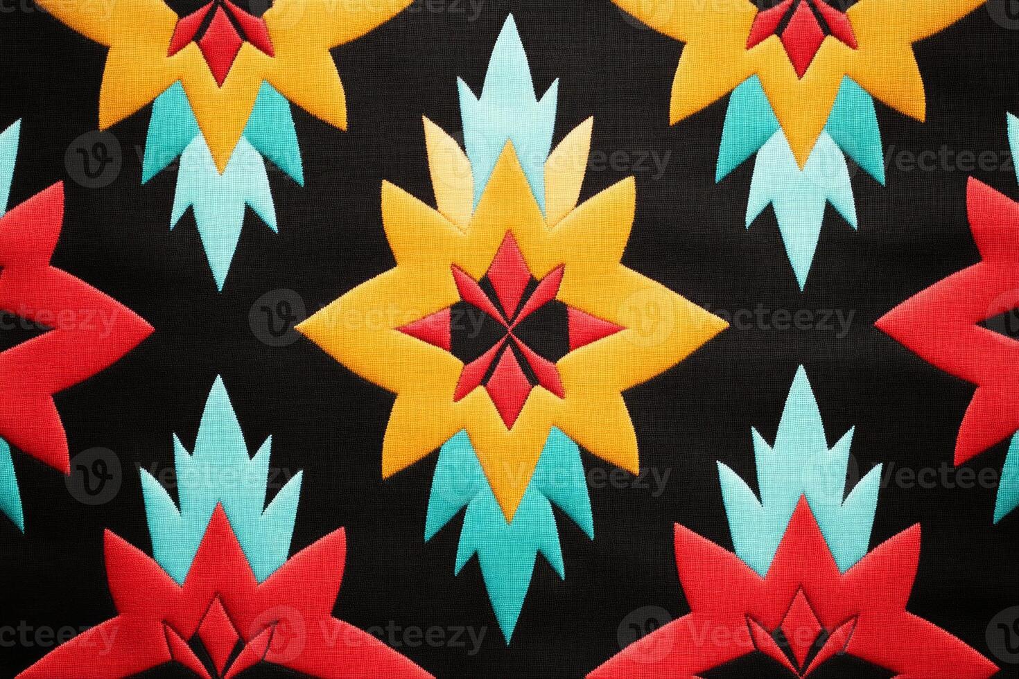 Vibrant Southwestern pattern featuring bold geometric shapes and bright hues on a black fabric background photo