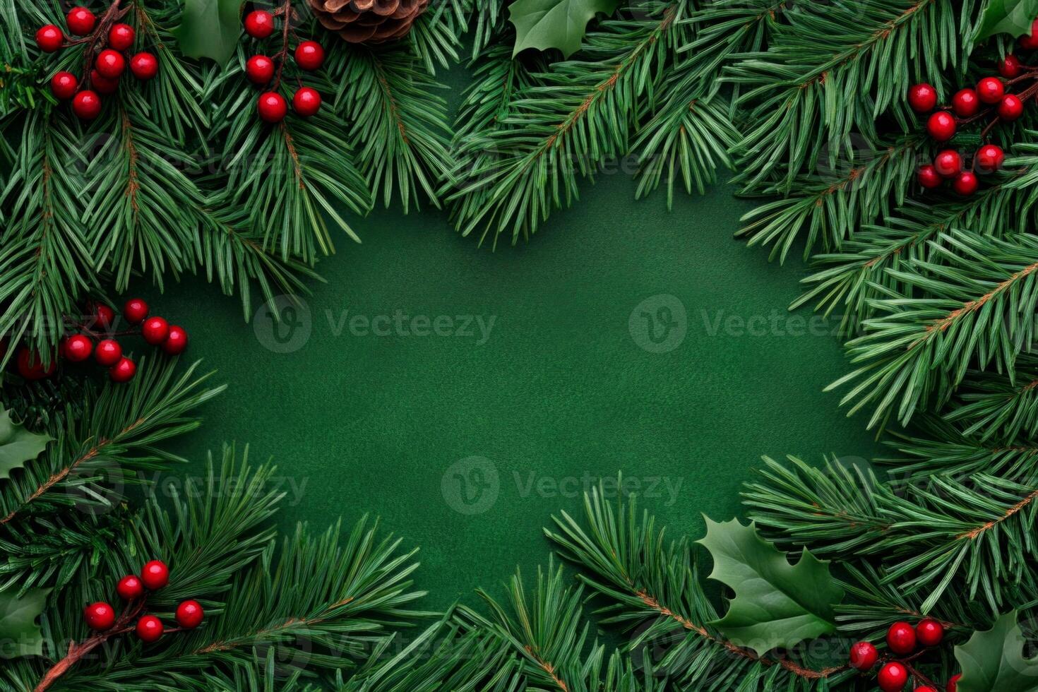 Elegant Christmas background featuring lush pine leaves and vibrant red berries with a festive green pattern photo