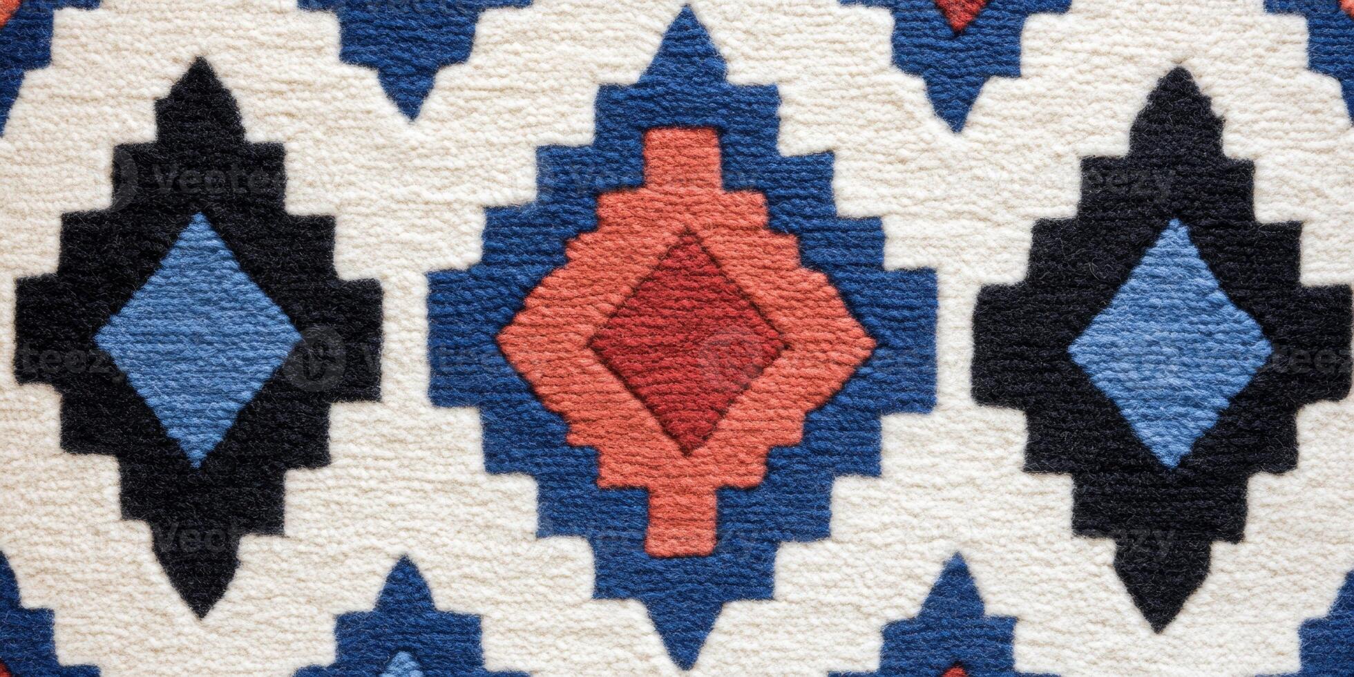 Southwestern rug featuring vibrant tribal designs and geometric shapes in rich colors on textured wool fabric photo