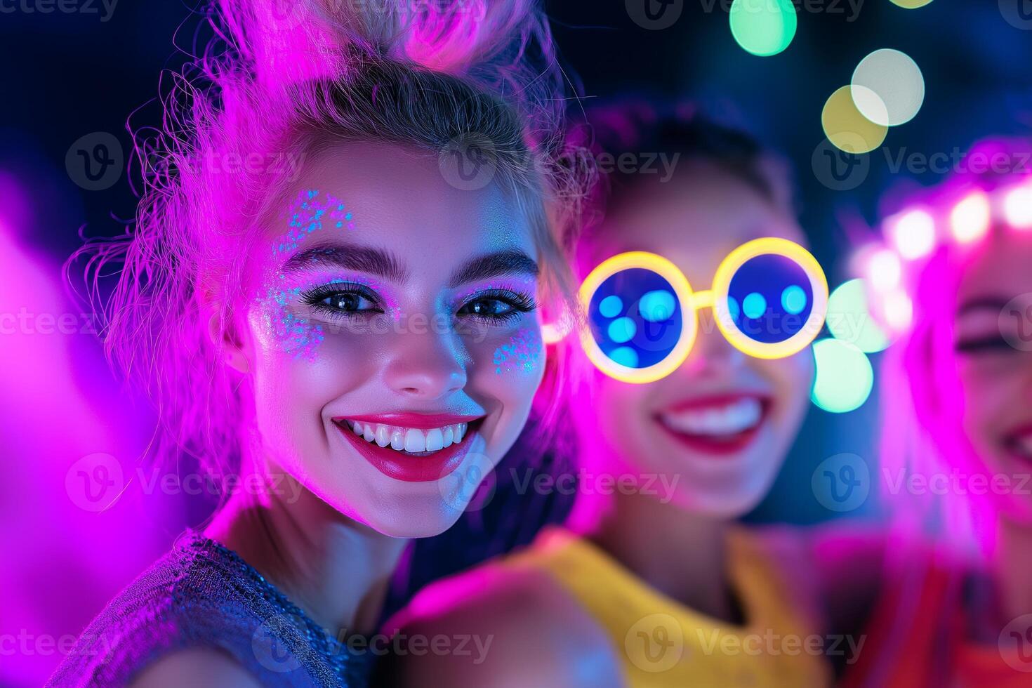 Three friends in neon accessories dance joyfully together in a vibrant, dark space with colorful lights photo