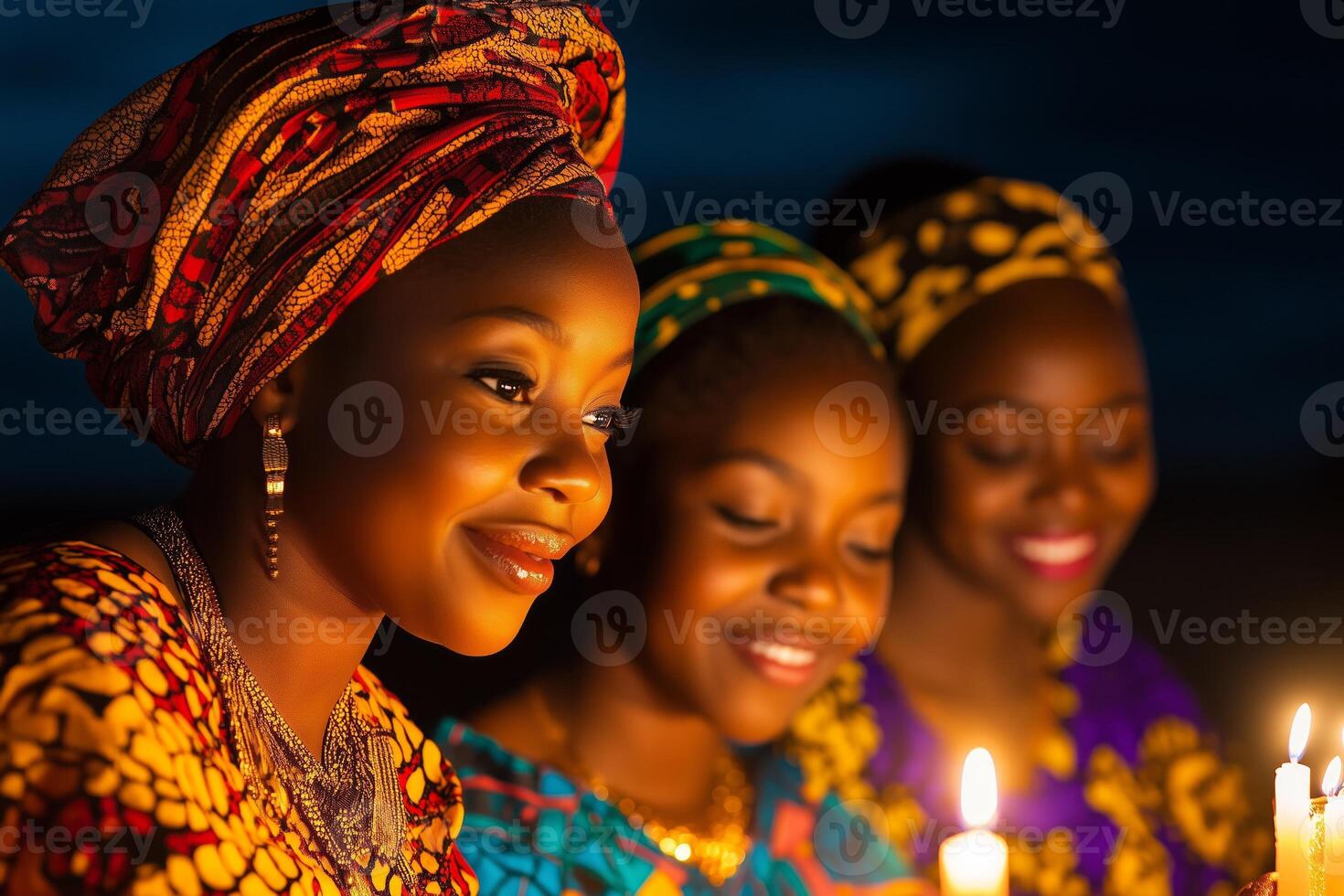 Child lighting candle on Kinara while family members celebrate in colorful African attire during joyful gathering photo