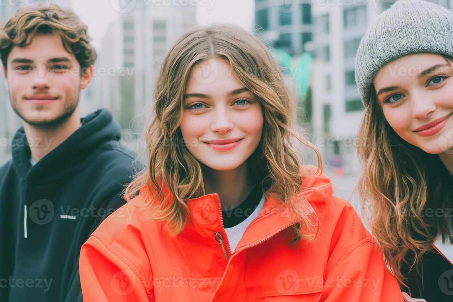 Three friends enjoy a warm afternoon sightseeing in a quiet city street with minimalistic background and vibrant attire photo
