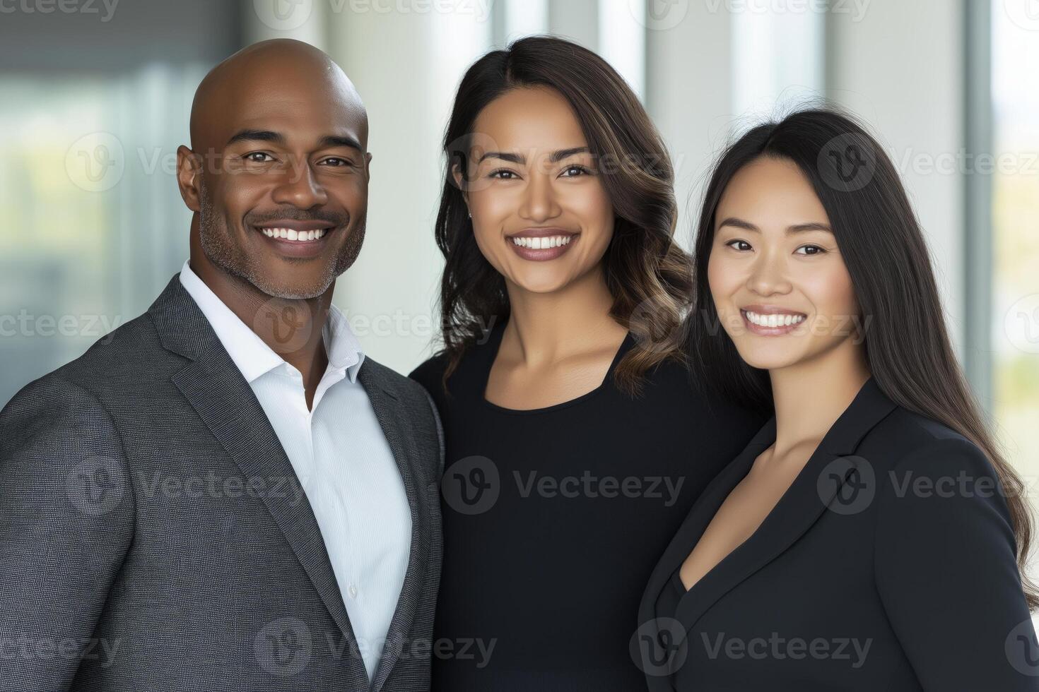 Three friends smiling together against a modern city skyline in soft natural light photo