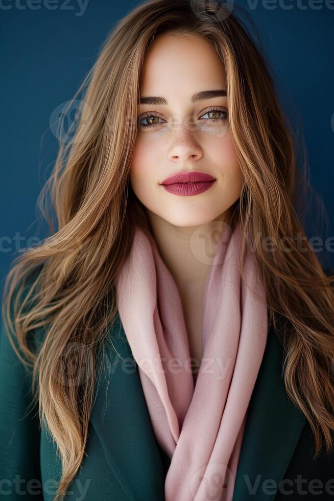 Fashion-forward woman in a dark green blazer and soft pink scarf poses confidently against a navy background photo