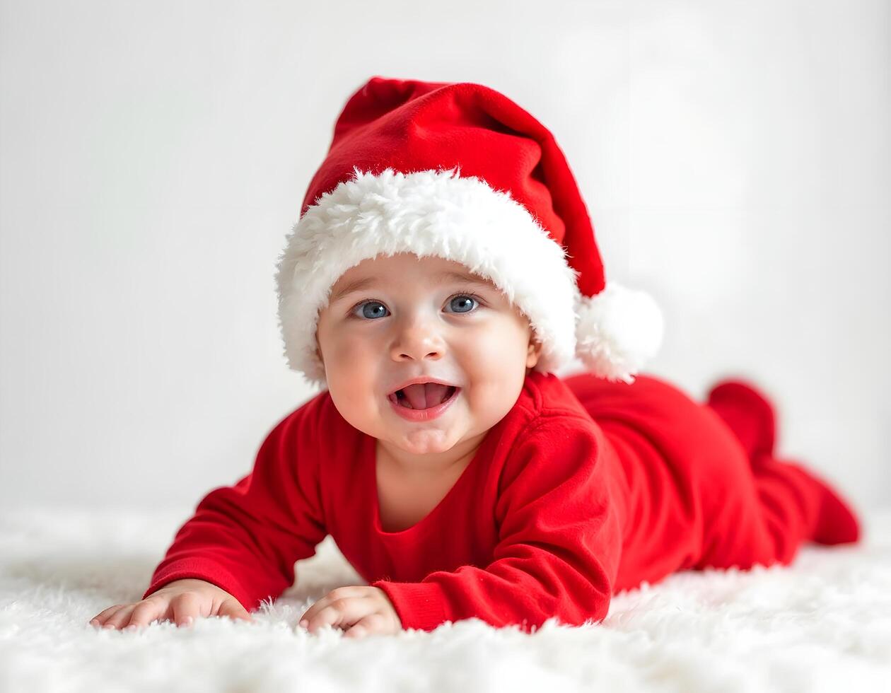 Smiling Baby in a Santa Hat and Festive Red Pajamas photo