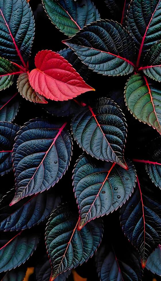 Vibrant Overlapping Leaves with Red Veins and Water Droplets, Perfect for Mobile Wallpaper photo