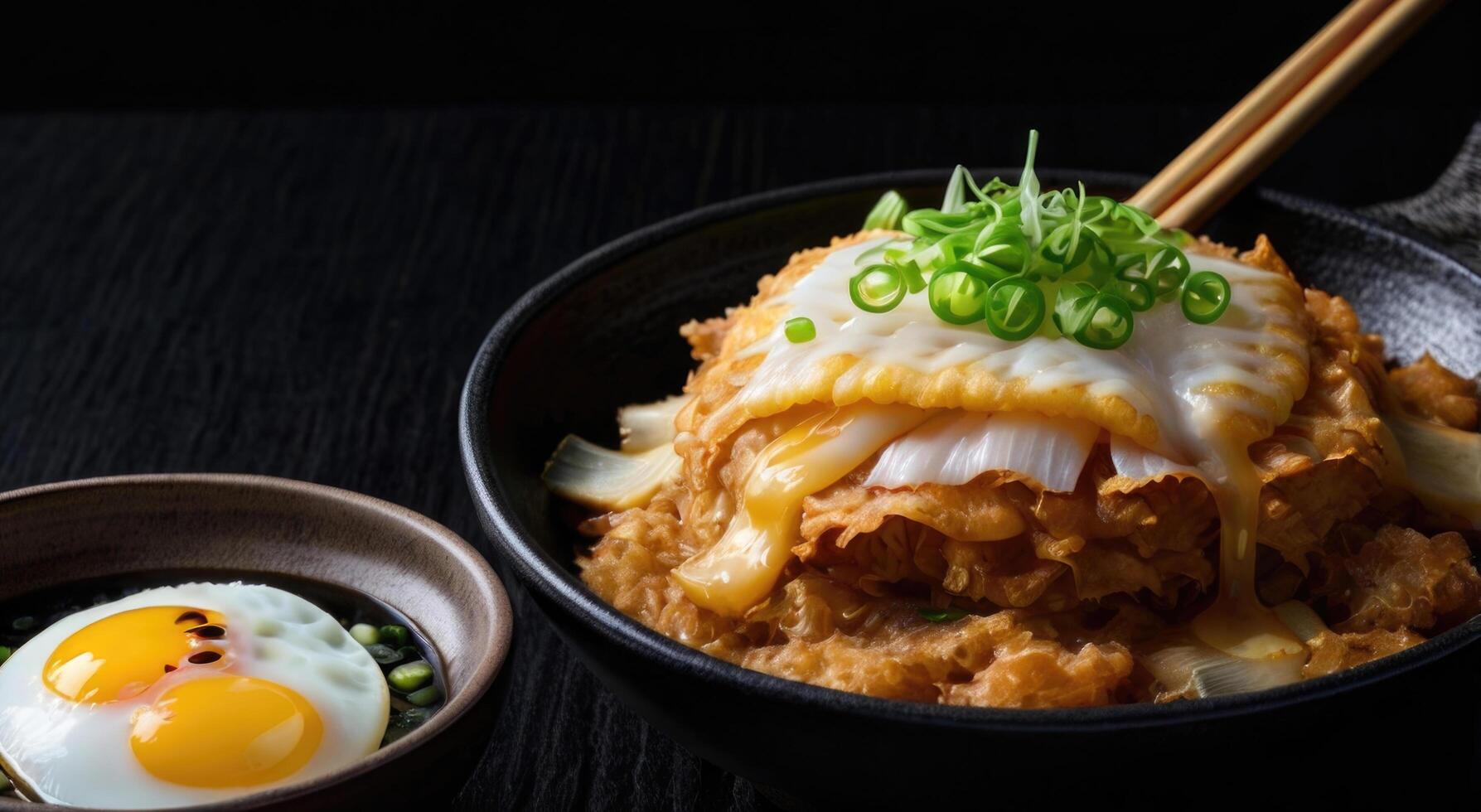 Japanese rice cake with kimchi and fried egg on black background photo