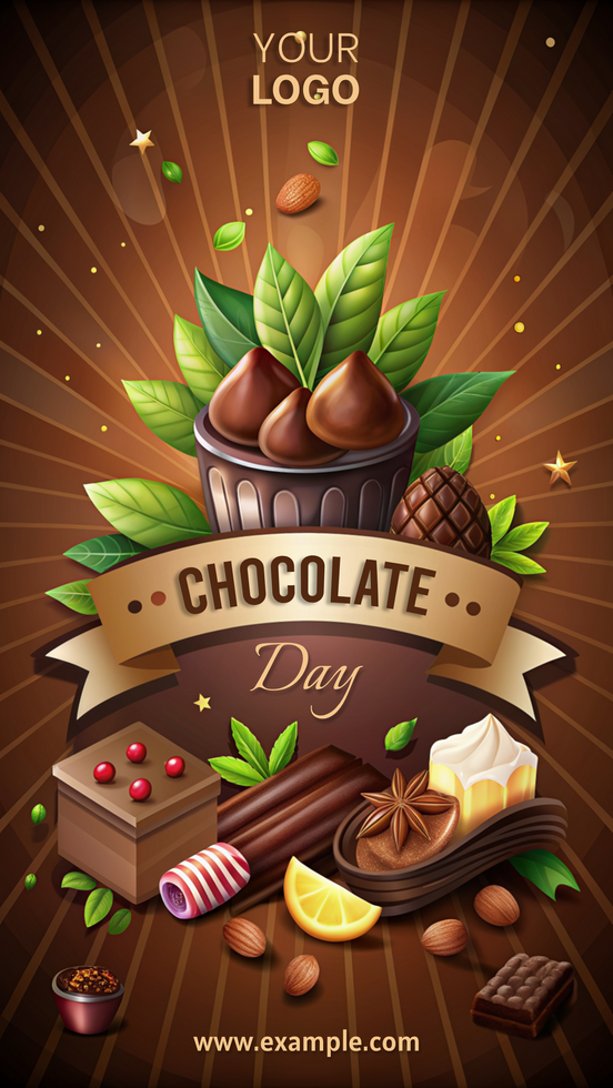 A chocolate themed poster with a green leaf and a bunch of chocolate treats psd