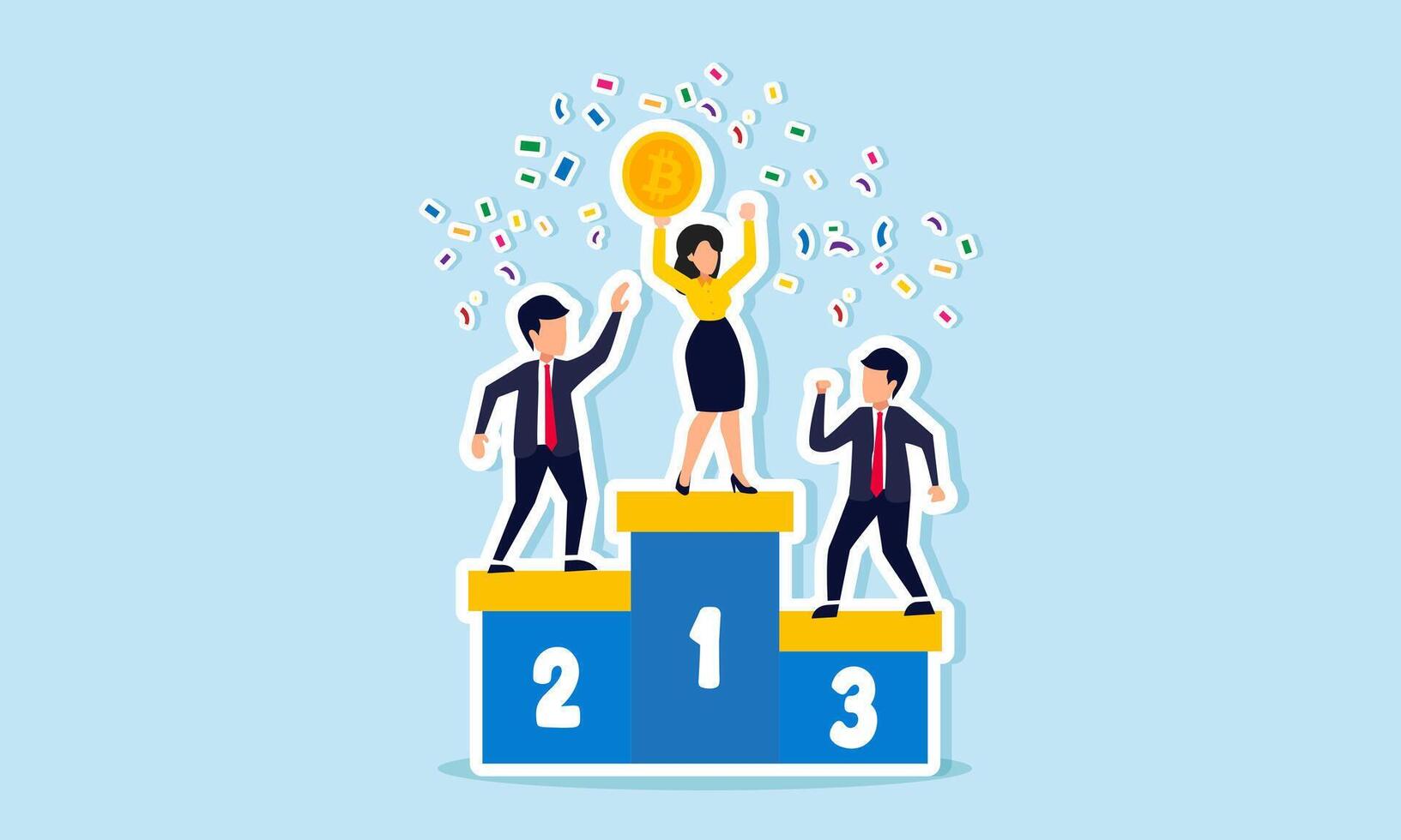 Businesspeople are celebrating the champion, with the first-place winner receiving bitcoin, illustration of success in the competition among entrepreneurs to collect bitcoin assets vector
