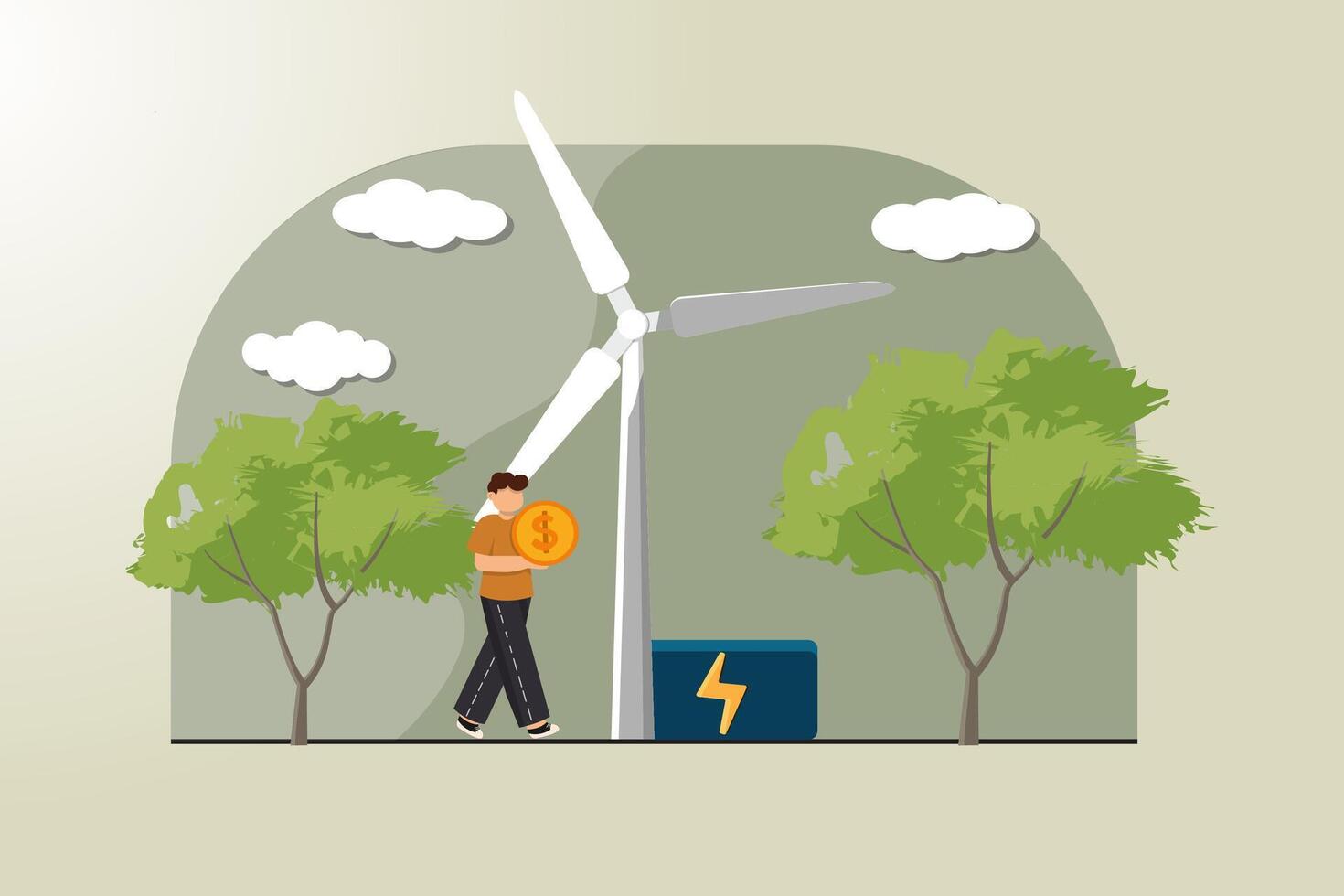 A man is walking with a coin in his hand and a wind turbine in the background vector