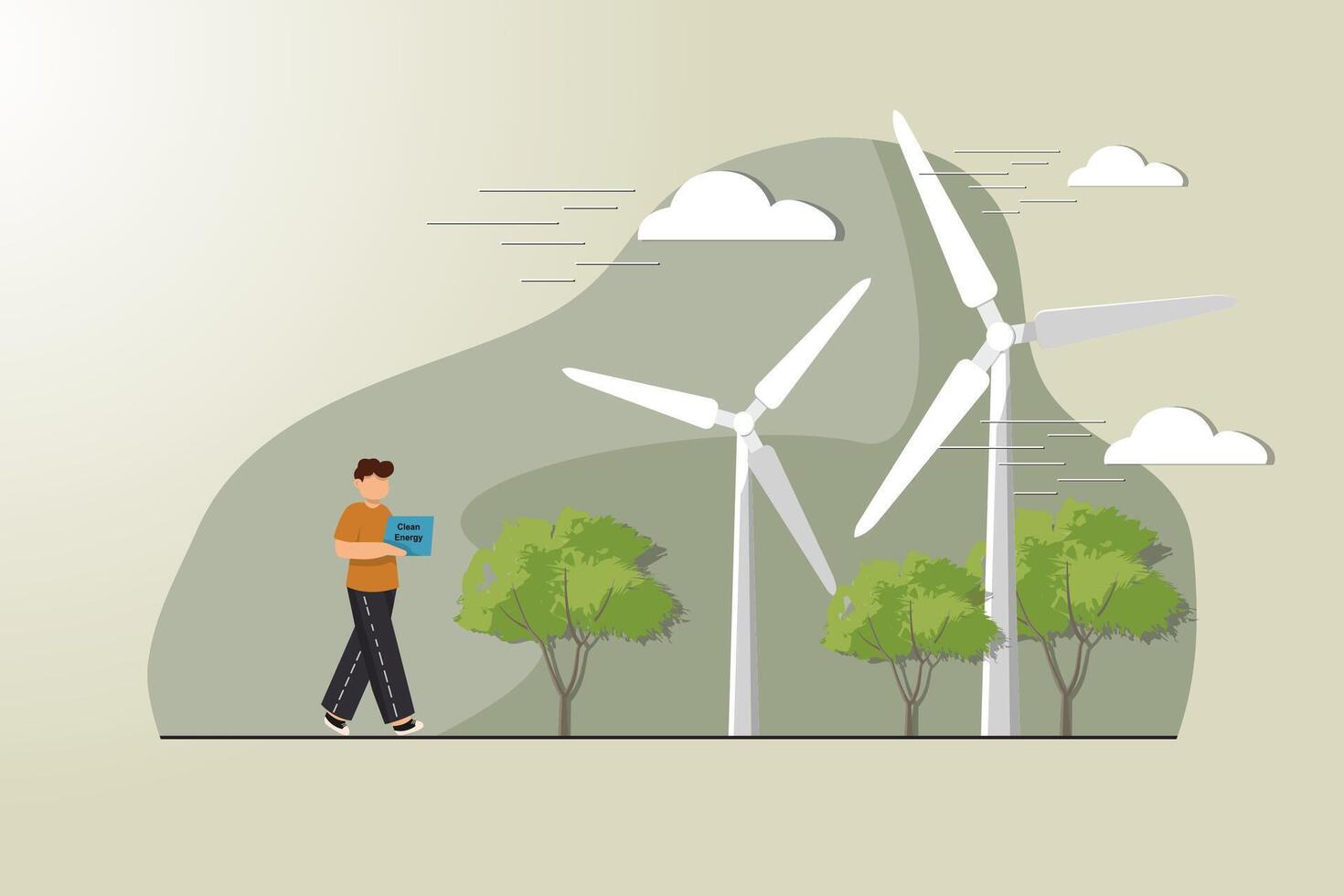 A man is walking in front of a wind farm vector