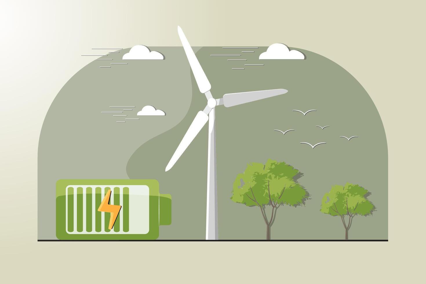A wind turbine is shown with a battery on it vector