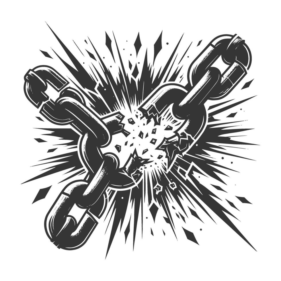 A black and white drawing of a broken chain with a broken link vector