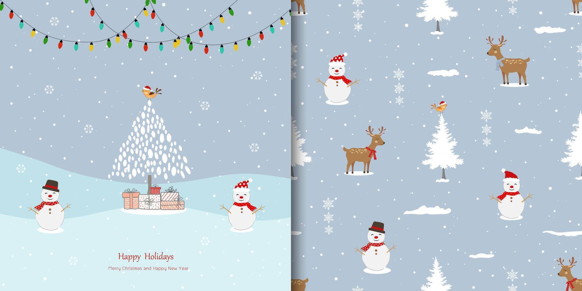 Winter holiday seamless pattern set with cute greeting card for Christmas or New Year decorative vector