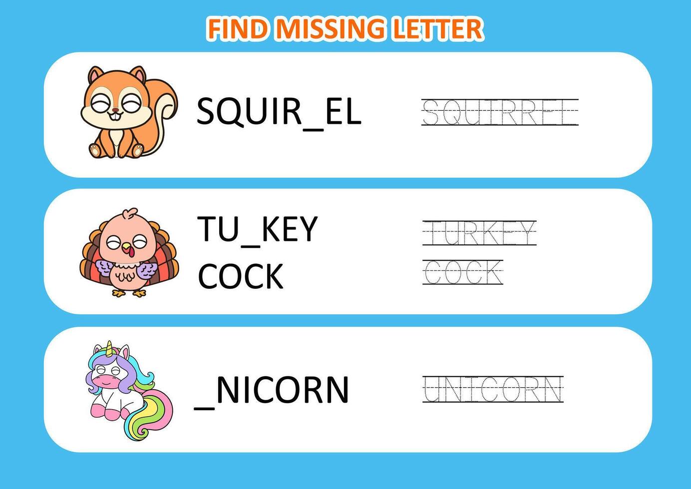 Find the missing letter of animal.Educational page for kids vector