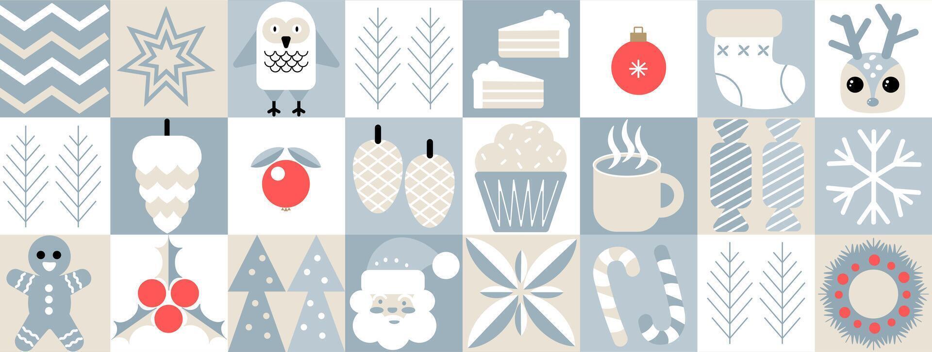 Merry Christmas and Happy New Year. Mosaic, minimal scandinavian pattern. Geometric background in bauhaus style. vector