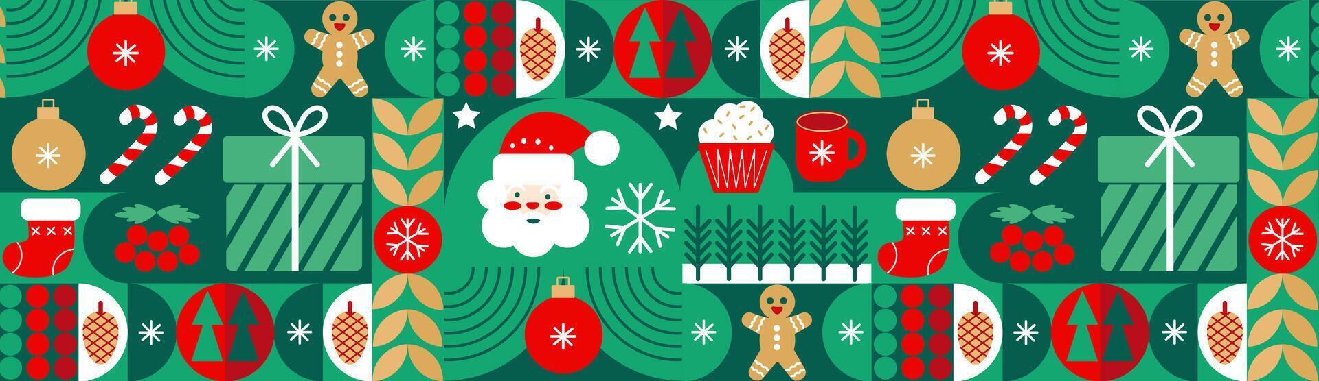 Christmas abstract geometric background in bauhaus style. Seamless festive mosaic, minimal scandinavian ornament. Merry Christmas, wallpaper, banner, festive cover design. Winter holiday. vector