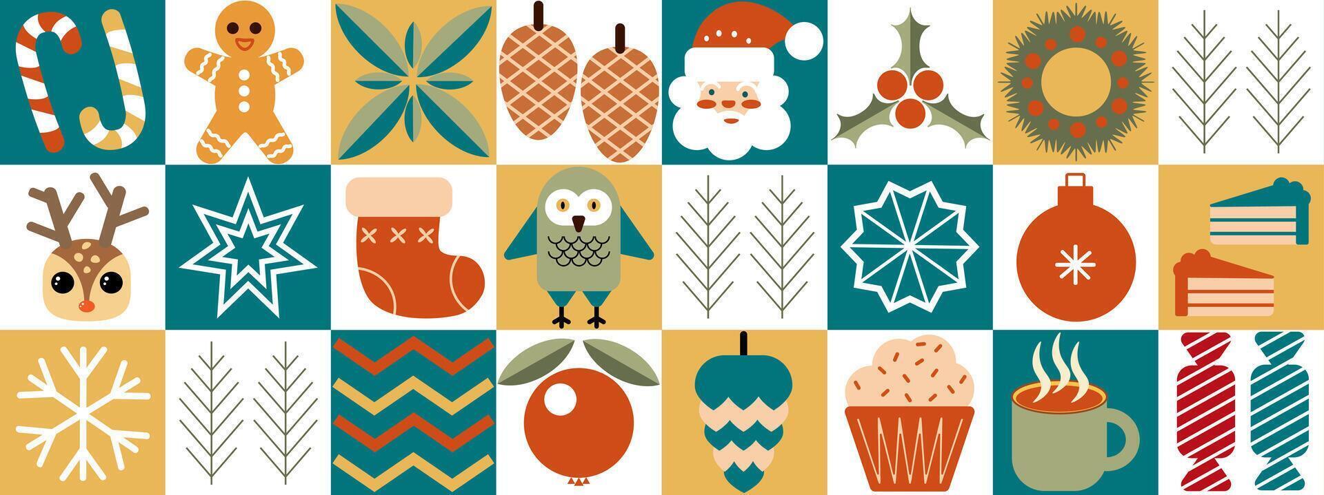 Merry Christmas and Happy New Year abstract geometric background. Modern pattern with minimalist Christmas icons. Trendy design for banner, card, cover, poster, advertising, wallpaper, packaging. vector