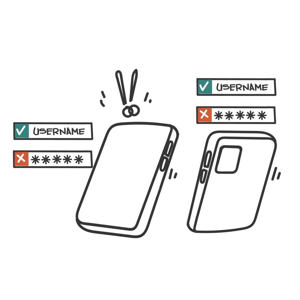 right user name and wrong password verification login on mobile phone doodle cartoon drawn style vector