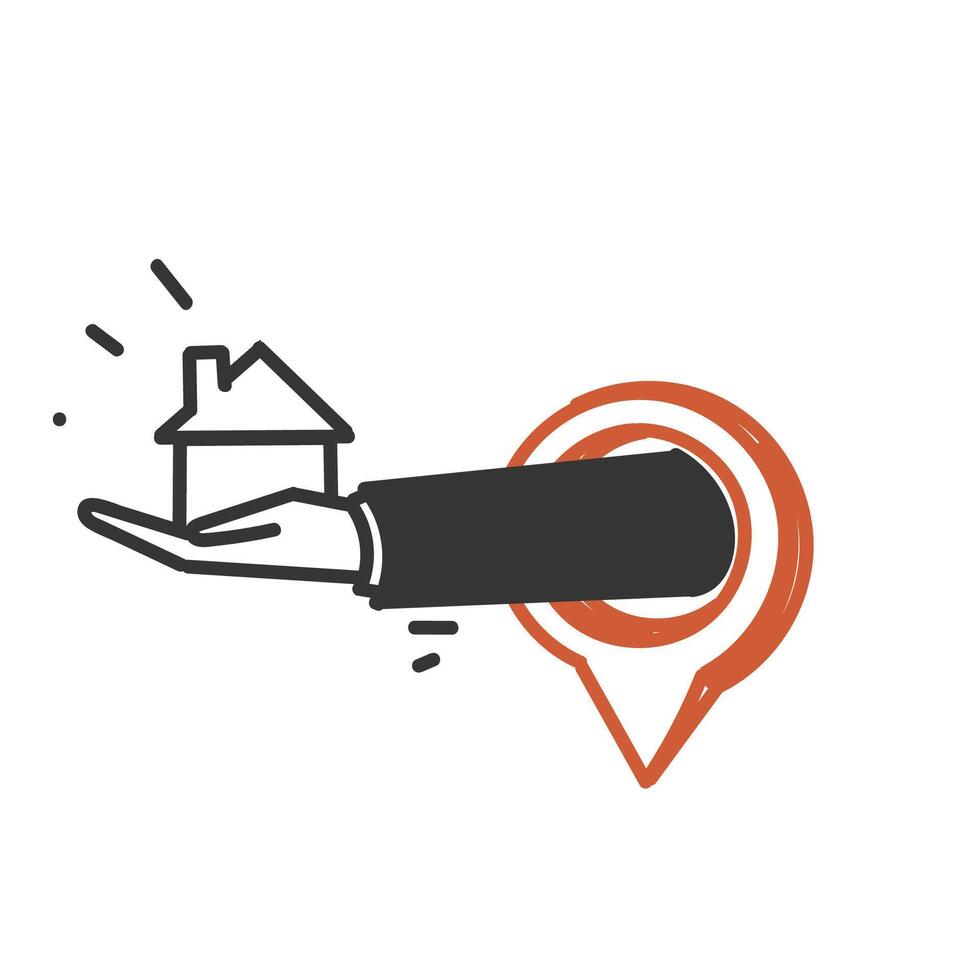 hand holding tiny house miniature come out from gps pin doodle cartoon style vector