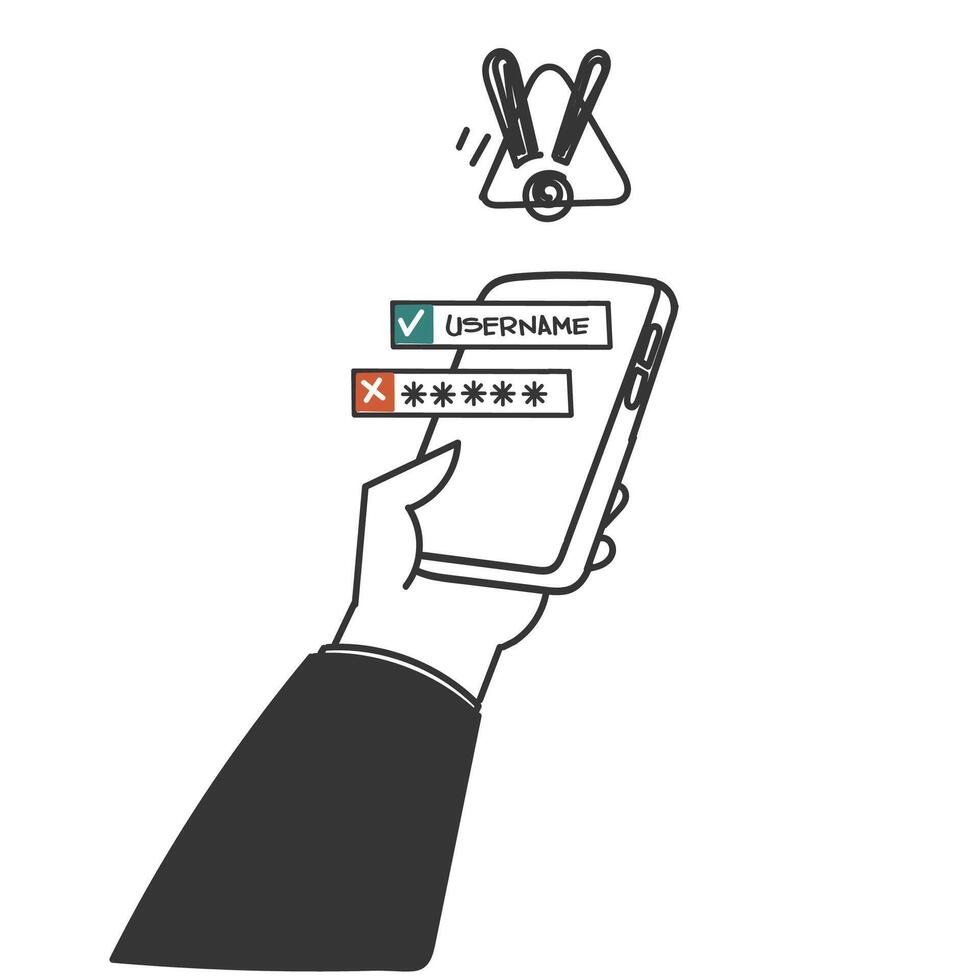 right user name and wrong password verification login on mobile phone doodle cartoon drawn style vector