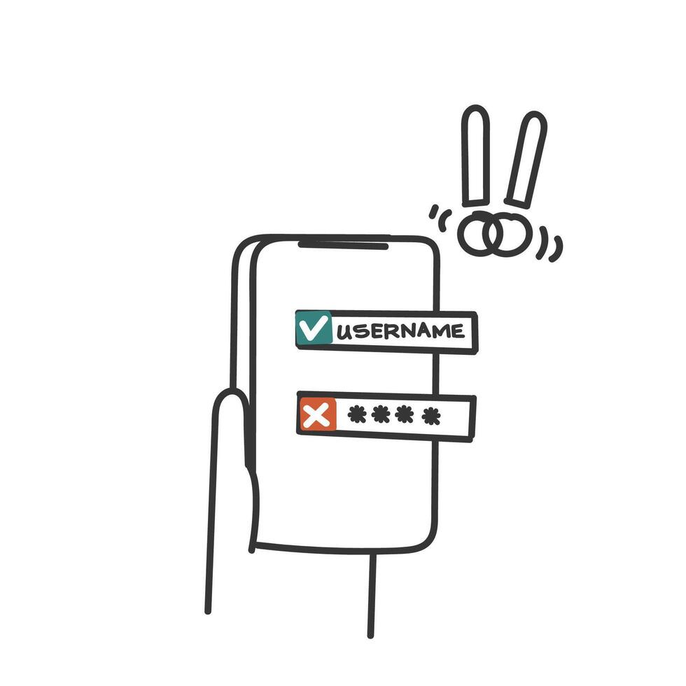 a hand holding a phone with a sign that says user name and wrong password vector