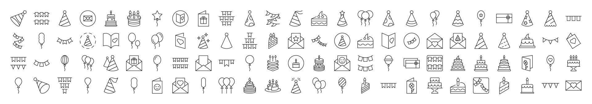 Cake, Holiday Hat, Postcard, Garland, Balloon Thin Icons Collection. Editable Stroke. Suitable for Web Sites, Books, Cards, Apps vector