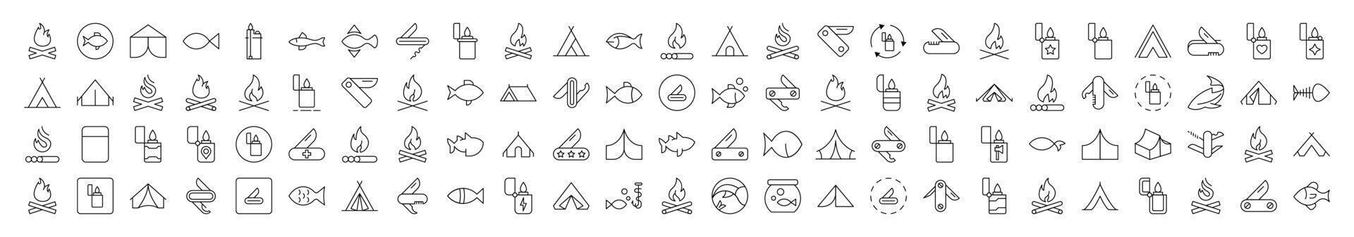 Camping Isolated Pictures. Contains such Elements as Bonfire, Fish, Folding Knife, Tent, Lighter. It Can Be Used for Interface, Posts, Advertisements, Various Cards vector