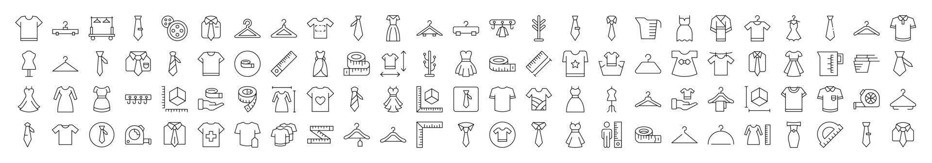 Sewing and Garment Line Icon Bundle. Modern Collection for Design, Web Sites, Apps, Cards. Contains Linear Images of T Shirt, Dress, Tie, Measuring Tape, Rack vector