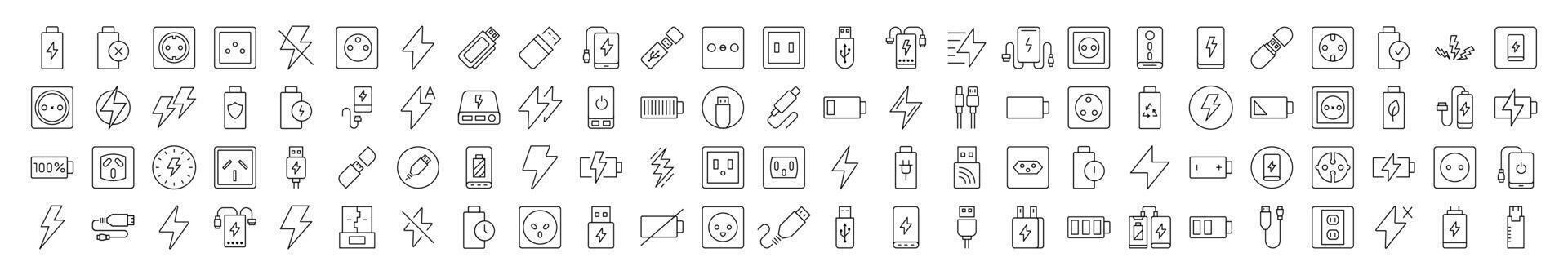 Energy Line Icon Set. Modern Collection for Design, Web Sites, Apps, Cards. Contains Linear Images of Battery, USB Cable, Charger, Outlet vector