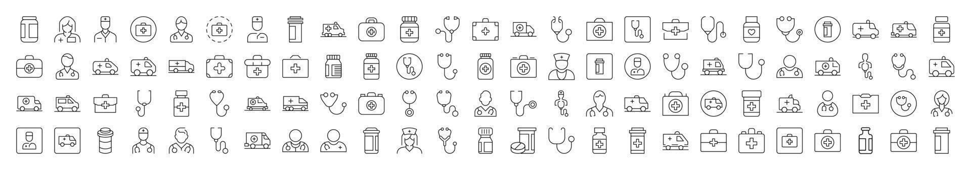 Doctor, Hospital, Stethoscope, Ambulance, Drugs Related Linear Symbol Drawn with Thin Line for Interface, Booklets, Cards, Posts, Infographics vector