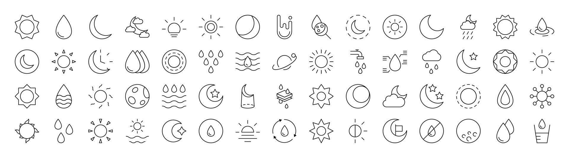 Weather Line Icon Pack. Modern Collection for Design, Web Sites, Apps, Cards. Contains Linear Images of Sun, The Moon, Shower vector