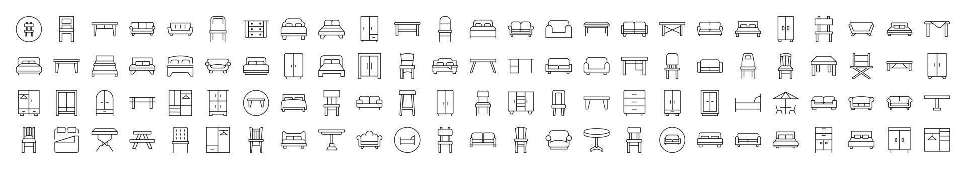 Collection of Outline Symbols of Wardrobe, Bed, Sofa, Table, Chair Drawn with Thin Line for apps, web sites, banners, infographics and other types of design vector