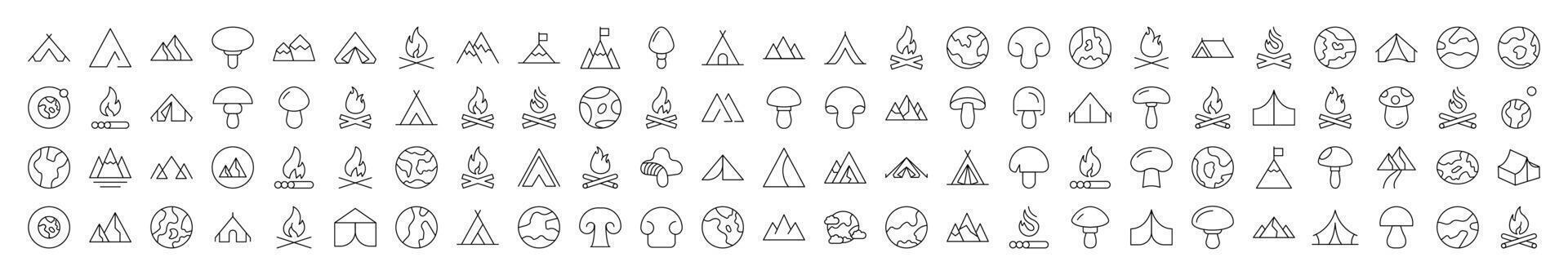 Mushroom, Mountain, Planet, Bonfire Related Linear Illustrations Drawn with Thin Line for Interface, Booklets, Cards, Posts, Infographics vector