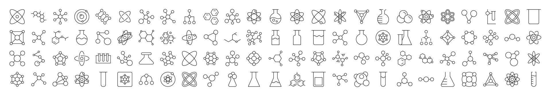 Set of Science Related Line Icons. Editable Stroke for Design, Web Sites, Apps, Cards. Contains Linear Images of Chemical Compound, Atom, Laboratory Bulb vector