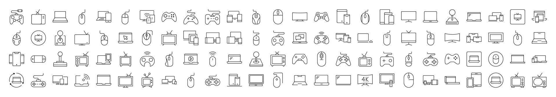 Devices Line Icon Pack. Modern Collection for Design, Web Sites, Apps, Cards. Contains Linear Images of Computer, Mouse, Joystick, TV vector
