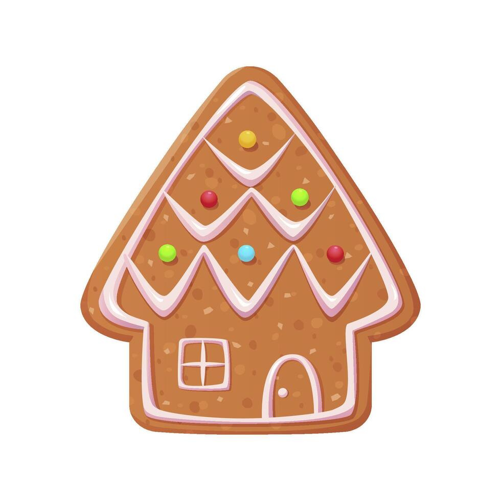 Christmas gingerbread cookie House shape decorated with icing. Traditional Winter Holidays biscuit. Cartoon illustration isolated on white background vector