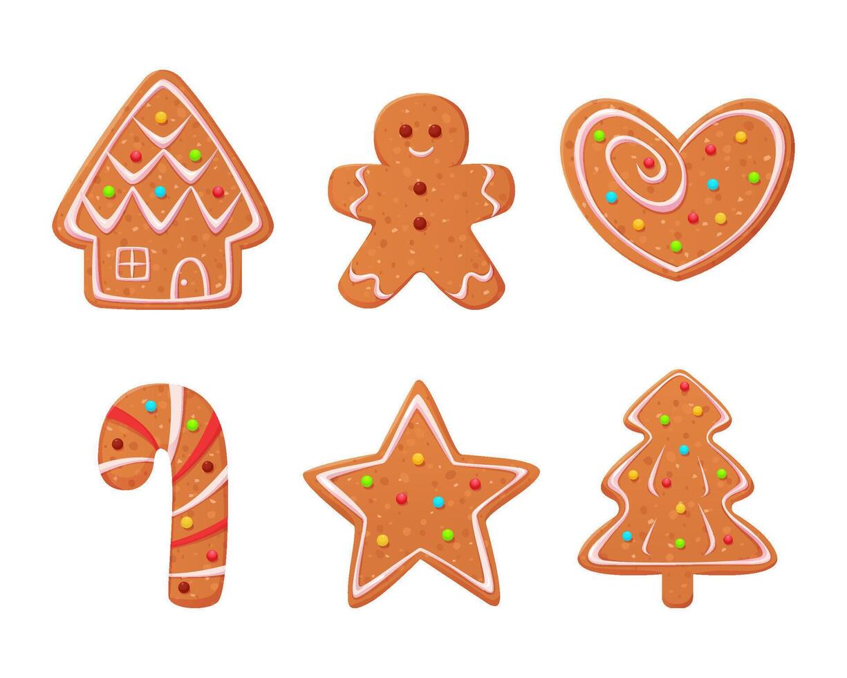 Christmas gingerbread cookies set. Winter Holidays biscuit ginger man, house, star, xmas tree, heart and candy. Cute sweet dessert decorated with icing. Cartoon illustration isolated background vector