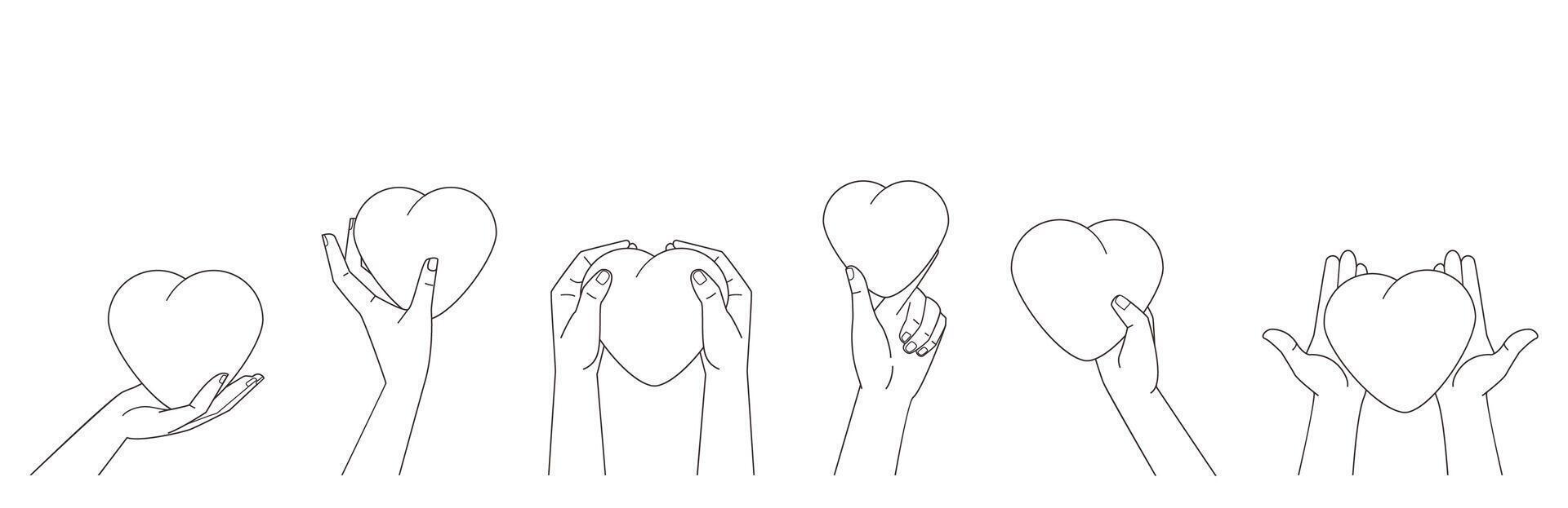 Human hands holding and giving hearts. Love symbols banner on white background. Illustration in outline design vector