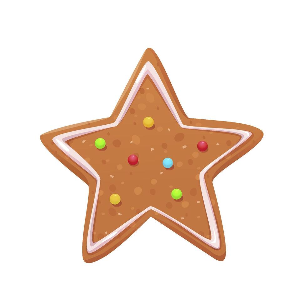 Christmas gingerbread cookie Star shape decorated with icing. Traditional Winter Holidays biscuit. Cartoon illustration isolated on white background vector