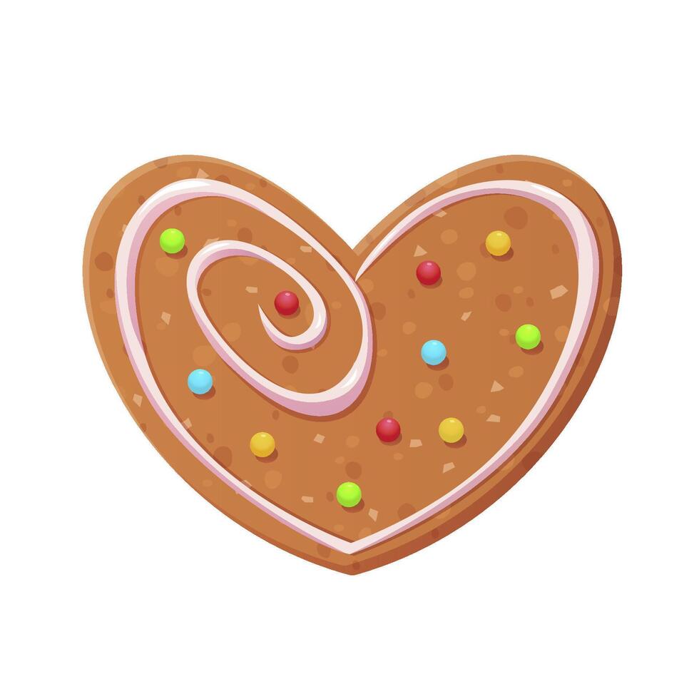 Christmas gingerbread cookie Heart shape decorated with icing. Traditional Winter Holidays biscuit. Cartoon illustration isolated on white background vector