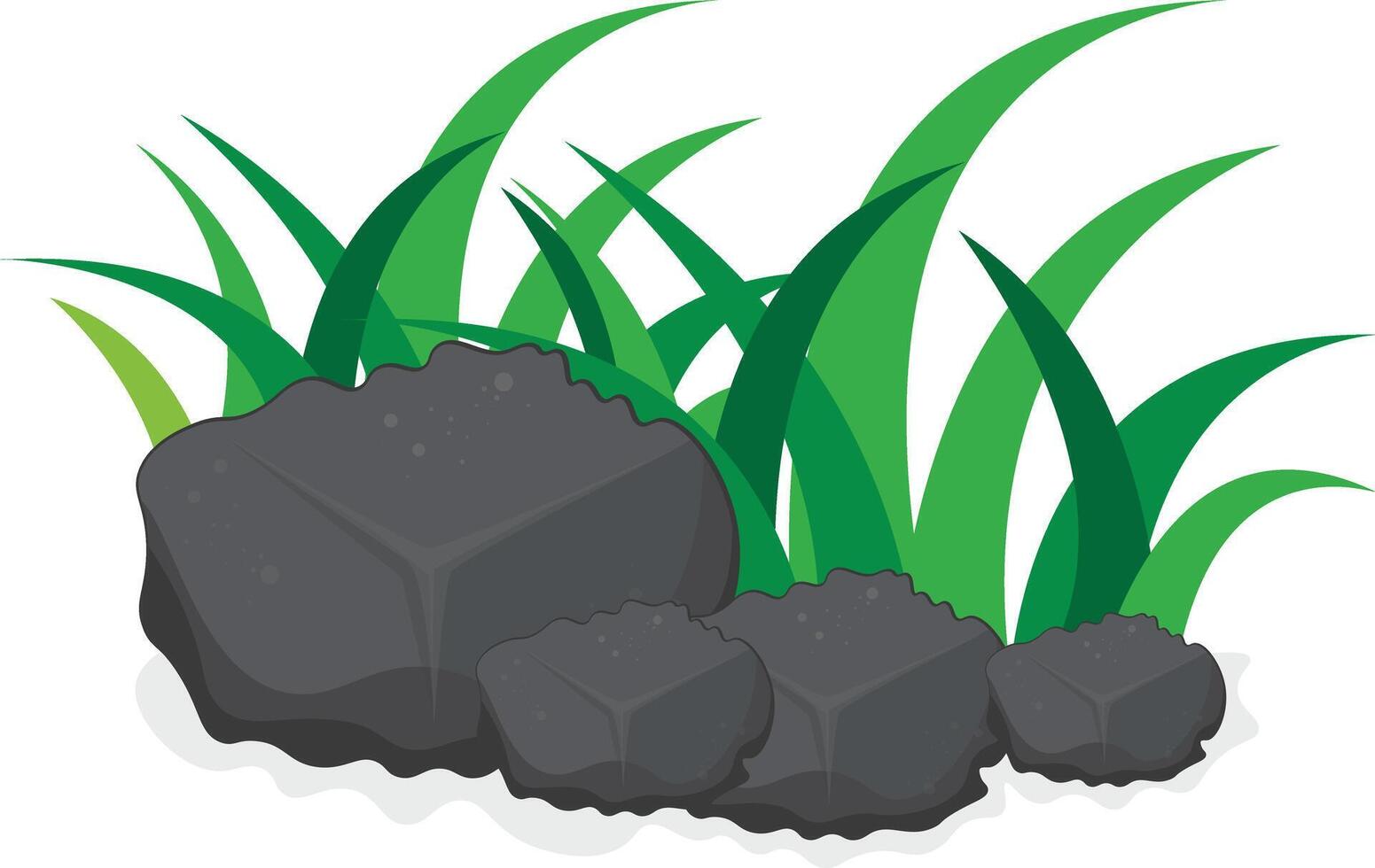 Grass and stones isolated on white background. Black stone boulder lies on a summer lawn. Stone in Greenery Meadow Field vector